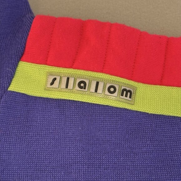 Vintage Slalom Mens Ski Sweater Royal Blue Neon Lime Fuchsia 80s 90s LG 1/4 Zip - Picture 3 of 12